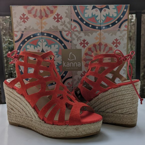 KANNA Cortina Espadrilles in Red Suede Leather Platform Wedge Size US 7 EU 37 - Picture 3 of 8